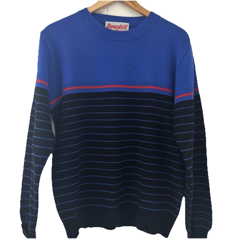 VTG Ski Sweater L Downhill Racer Crewneck Lodge  Blue Black Colorblock 80s Retro